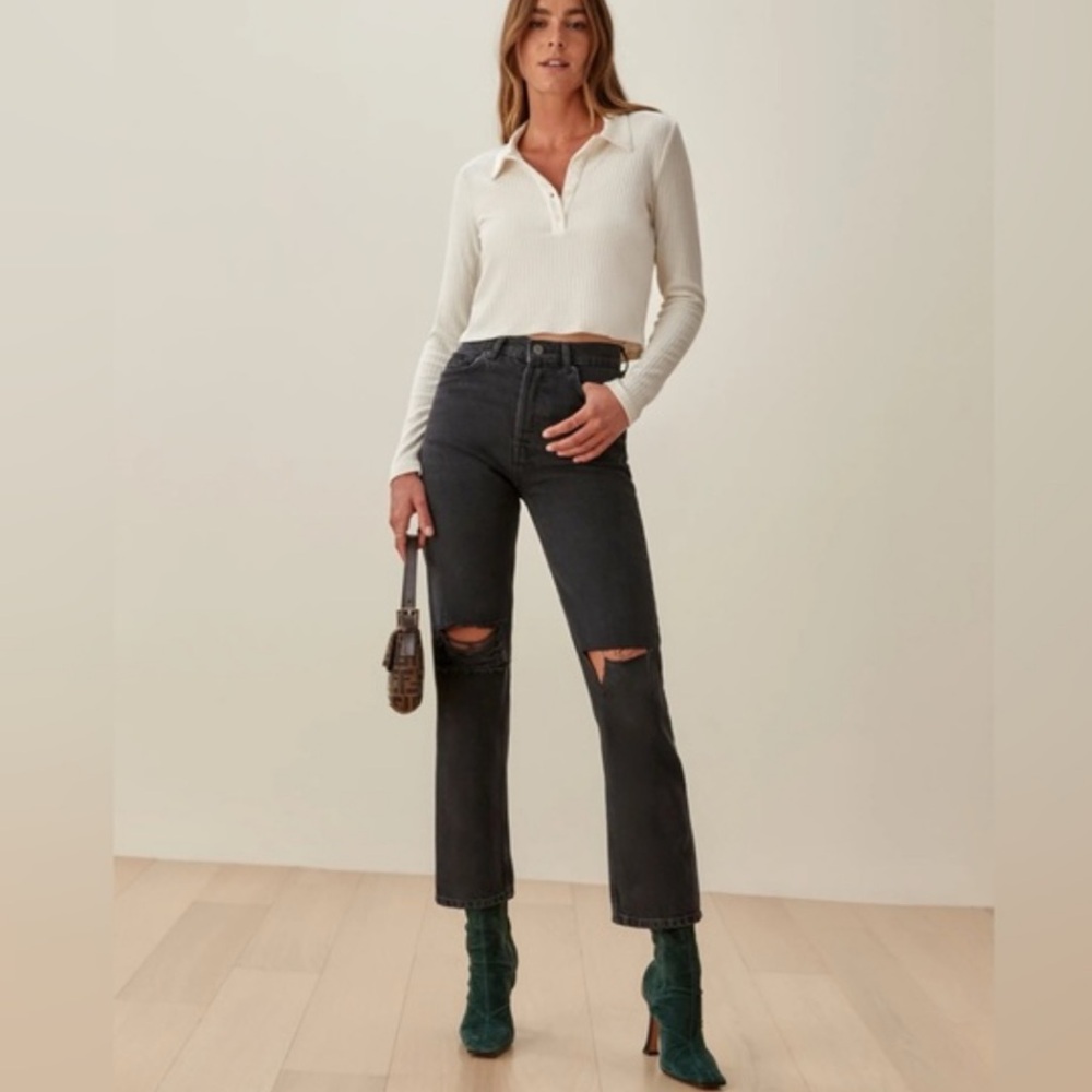 Reformation Cynthia High Rise Straight Jeans in Lagoon Destroyed [1682]